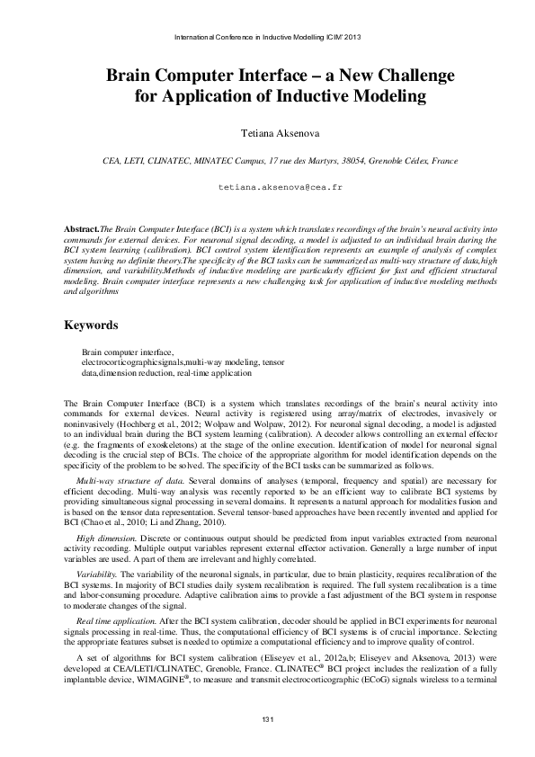 (PDF) Brain Computer Interface - a New Challenge for Application of ...