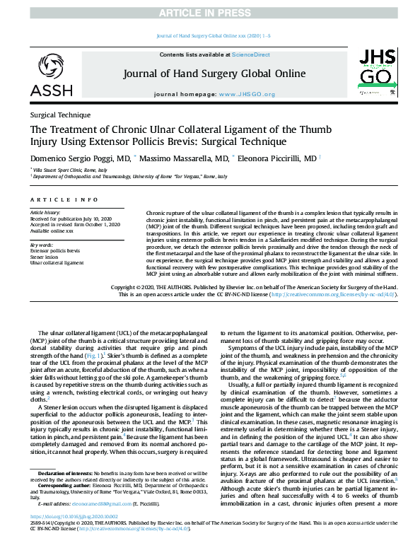 (PDF) The Treatment of Chronic Ulnar Collateral Ligament of the Thumb ...