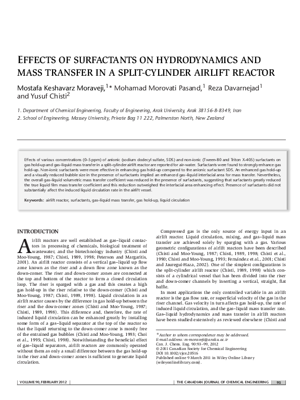(PDF) Effects of surfactants on hydrodynamics and mass transfer in a ...