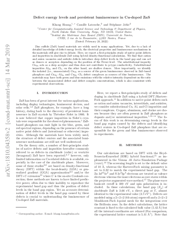 (PDF) Defect energy levels and persistent luminescence in Cu-doped ZnS