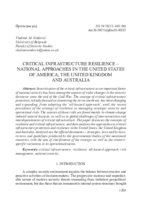 (PDF) Critical infrastructure resilience: National approaches in the ...