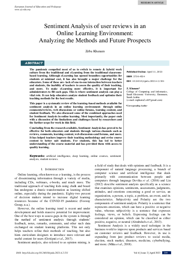 (PDF) Sentiment Analysis of user reviews in an Online Learning ...