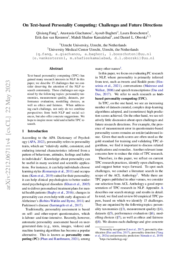 (PDF) On Text-based Personality Computing: Challenges and Future Directions