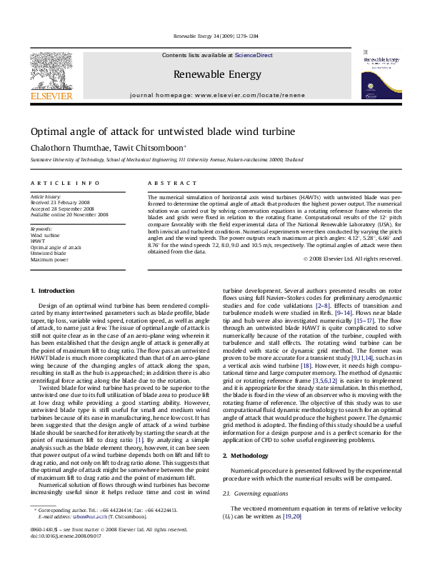 (PDF) Optimal angle of attack for untwisted blade wind turbine