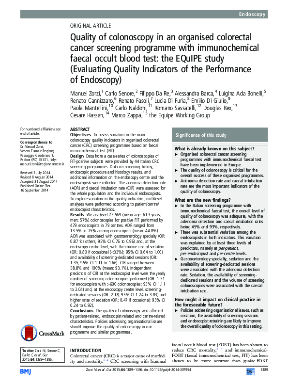 (PDF) Quality of colonoscopy in an organised colorectal cancer screening programme with