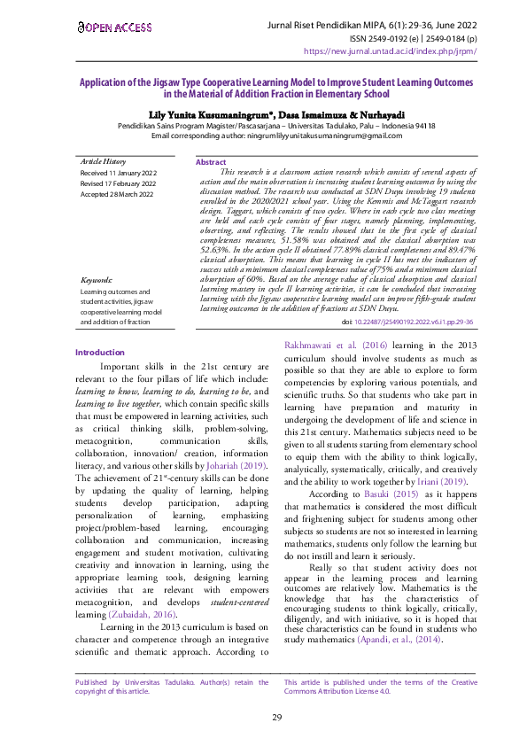 (PDF) Application of the Jigsaw Type Cooperative Learning Model to ...