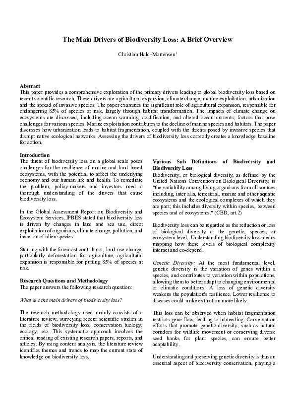 (PDF) The Main Drivers of Biodiversity Loss: A Brief Overview