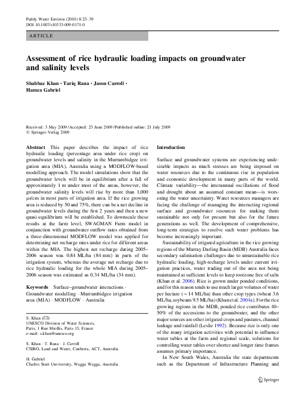 (PDF) Assessment of rice hydraulic loading impacts on groundwater and ...