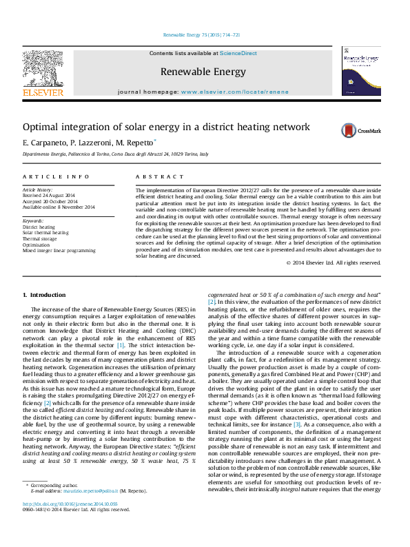 (PDF) Optimal integration of solar energy in a district heating network