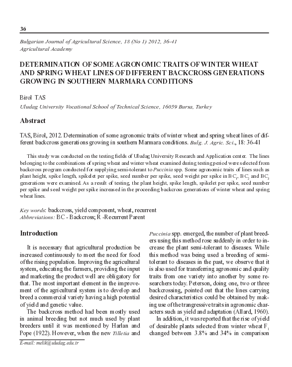 (PDF) Determination of Some agronomic traits of Winter Wheat and Spring ...