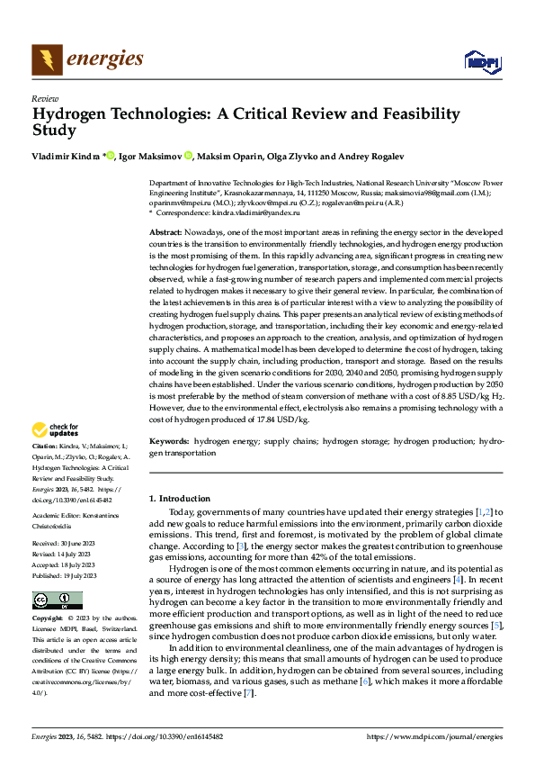 (PDF) Hydrogen Technologies: A Critical Review and Feasibility Study