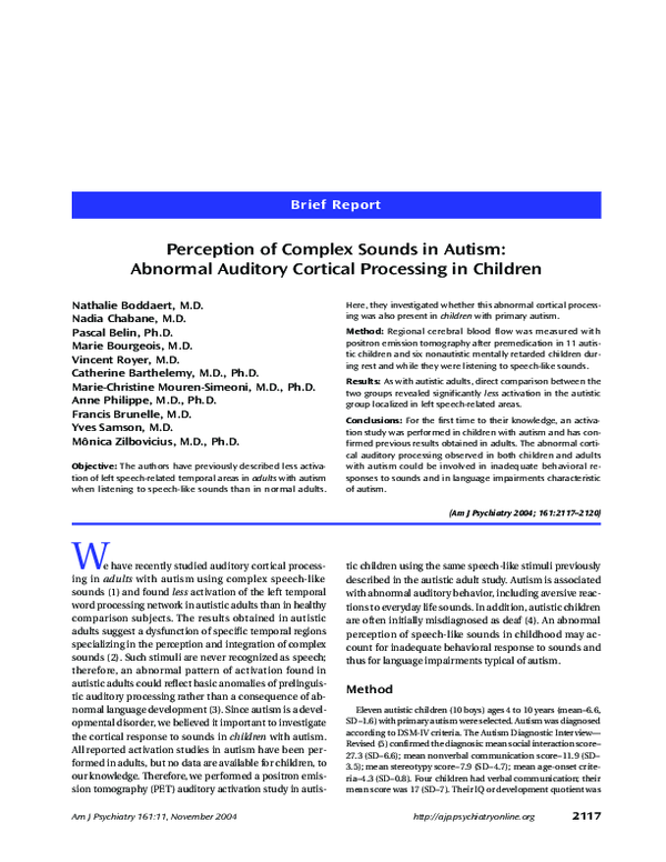 (PDF) Perception of Complex Sounds in Autism: Abnormal Auditory ...