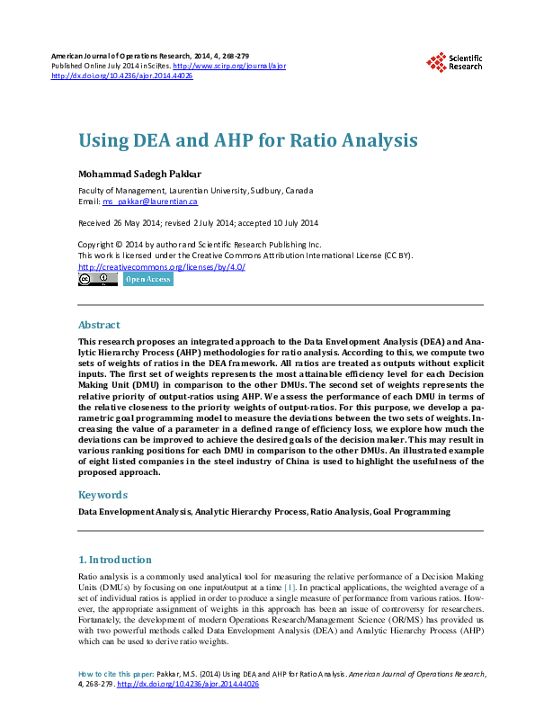 (PDF) Using DEA and AHP for Ratio Analysis