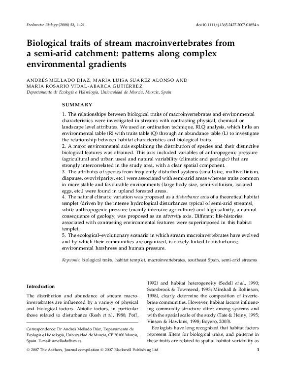 (PDF) Biological traits of stream macroinvertebrates from a semi-arid ...