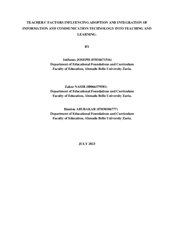 (PDF) TEACHERS' FACTORS INFLUENCING ADOPTION AND INTEGRATION OF ...