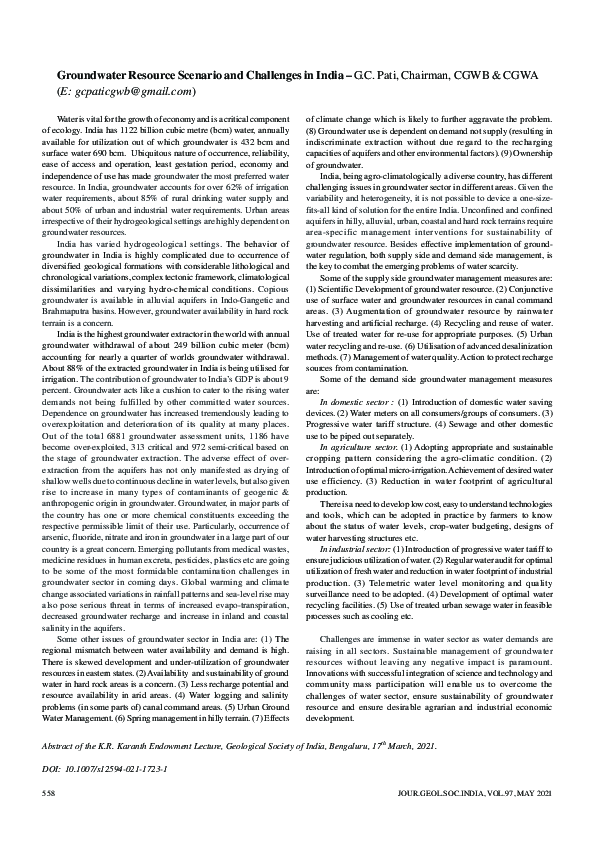 (PDF) Groundwater Resource Scenario and Challenges in India