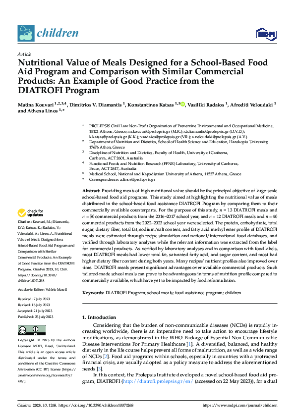 (PDF) Nutritional Value of Meals Designed for a School-Based Food Aid ...