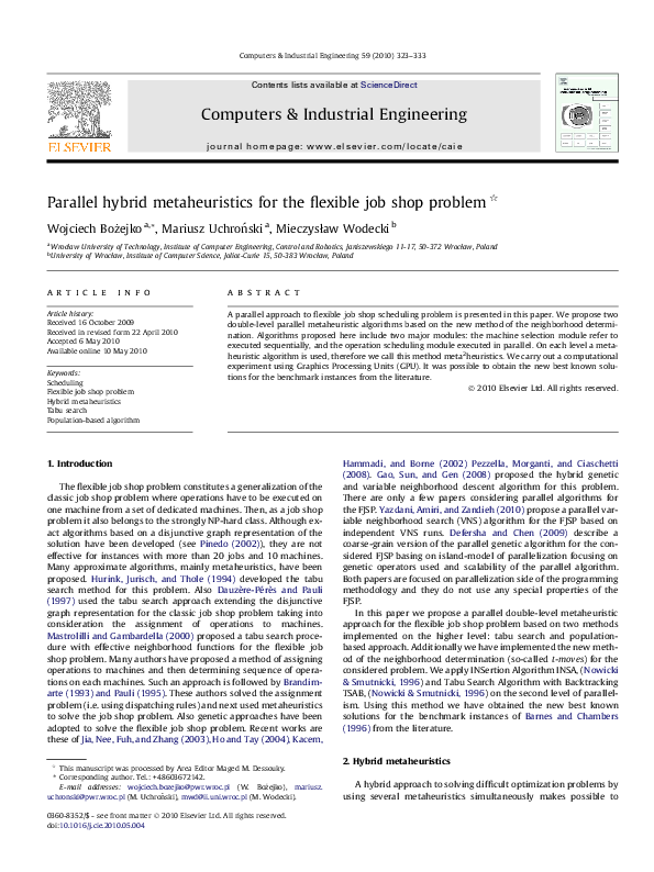 (PDF) Parallel hybrid metaheuristics for the flexible job shop problem