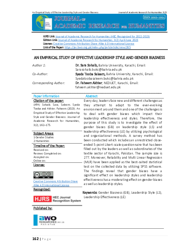 (PDF) An Empirical Study of Effective Leadership Style and Gender Biasness