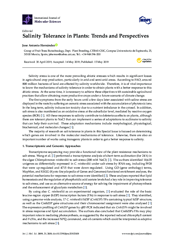 (PDF) Salinity Tolerance in Plants: Trends and Perspectives