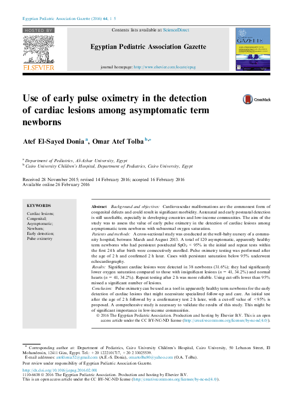 (PDF) Use of early pulse oximetry in the detection of cardiac lesions ...
