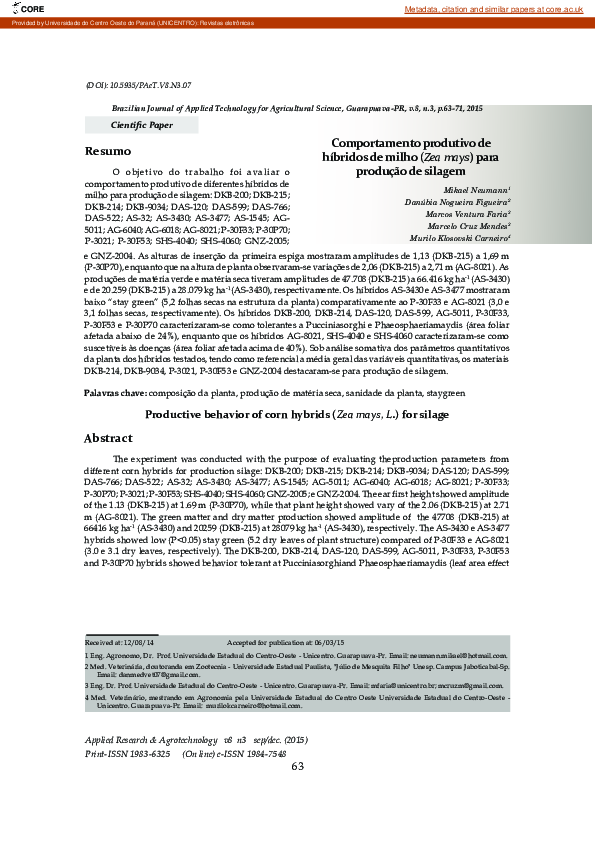 Comportamento produtivo de híbridos de milho (Zea mays) para produção de silagem