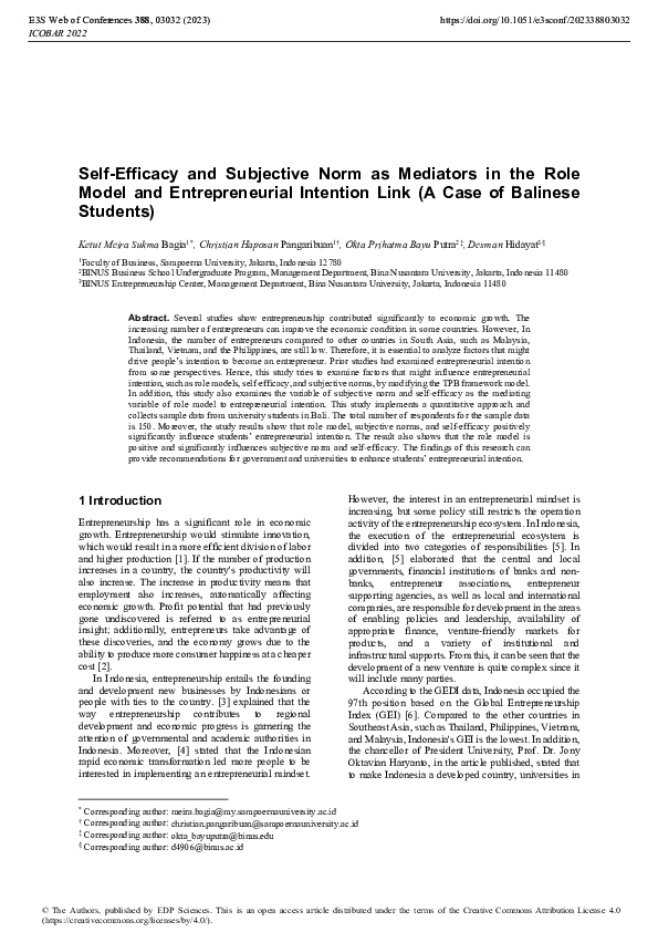 (PDF) Self-Efficacy and Subjective Norm as Mediators in the Role Model ...