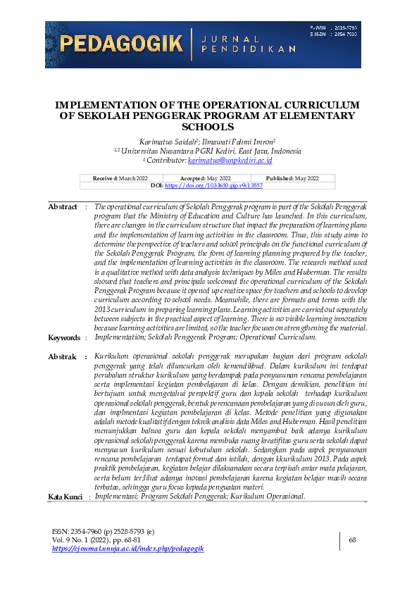 (PDF) Implementation of the Operational Curriculum of Sekolah Penggerak ...