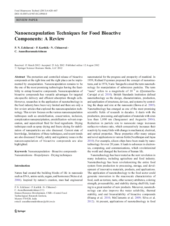 (PDF) Nanoencapsulation Techniques for Food Bioactive Components: A Review