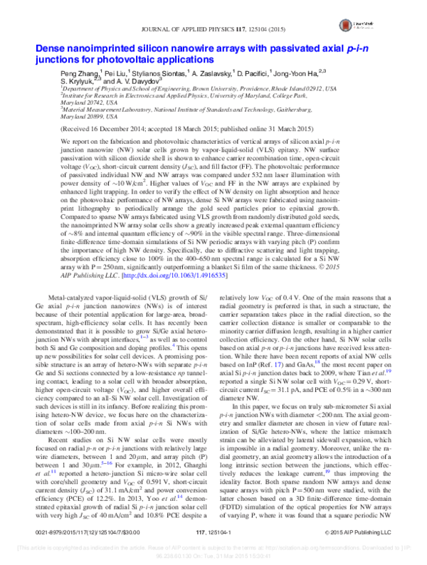 (PDF) Dense nanoimprinted silicon nanowire arrays with passivated axial ...