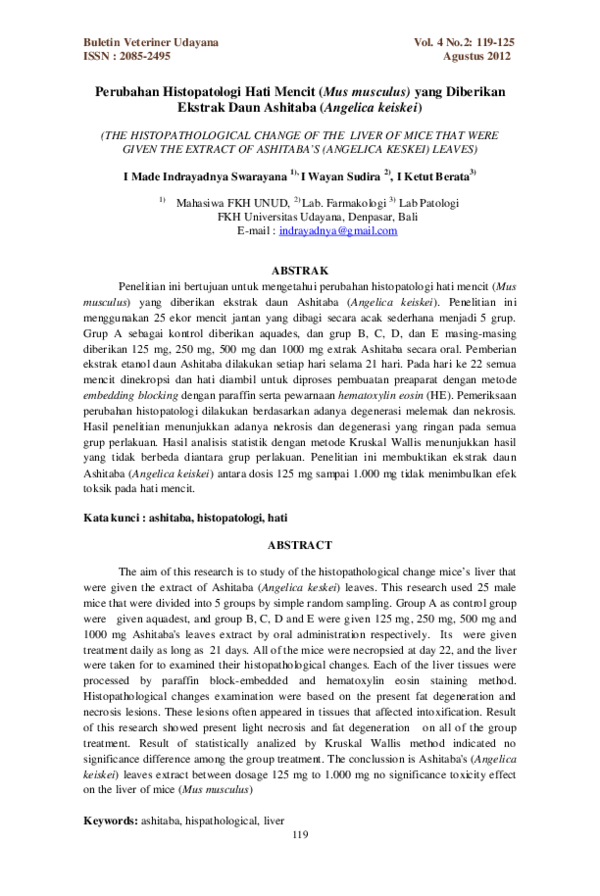 (PDF) Perubahan Histopatologi Hati Mencit (Mus musculus) yang Diberikan ...