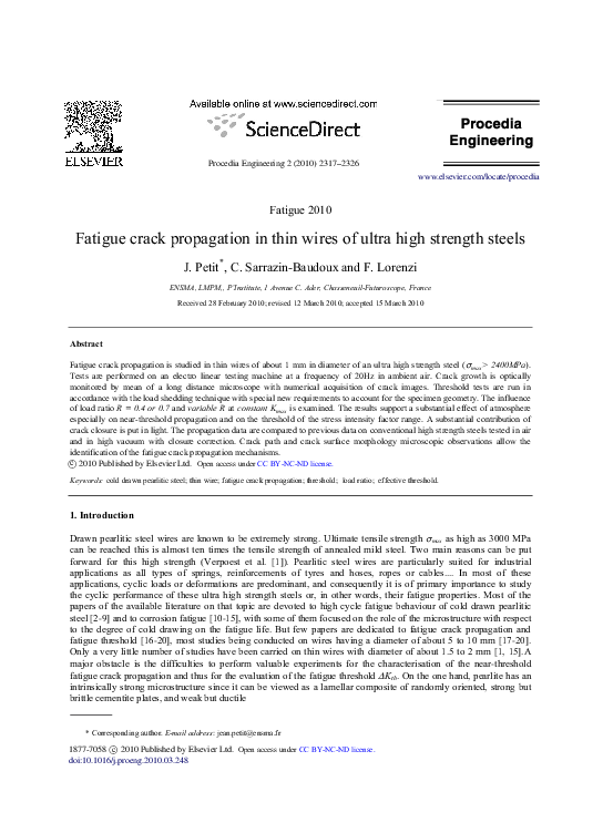 (PDF) Fatigue crack propagation in thin wires of ultra high strength steels