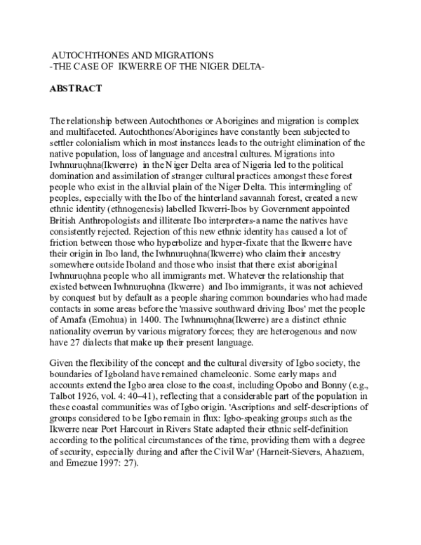 (DOC) AUTOCHTHONES AND MIGRATIONS -THE CASE OF IKWERRE OF THE NIGER DELTA
