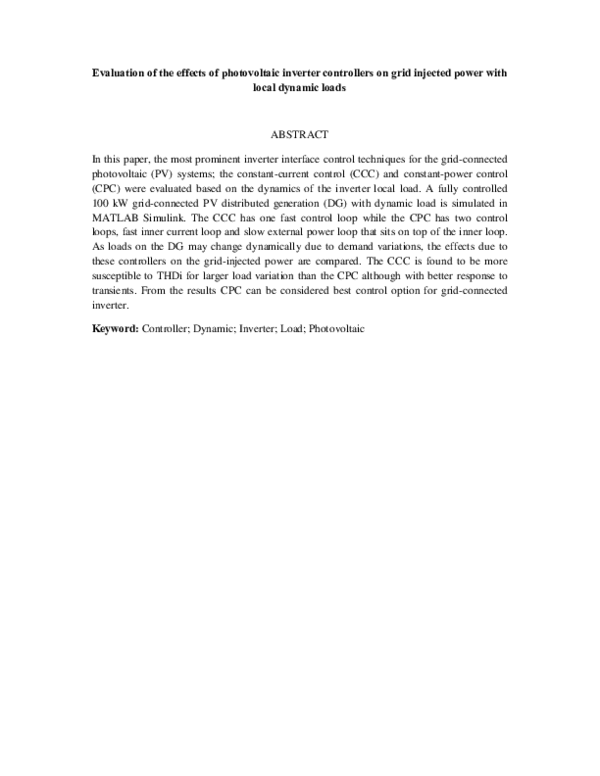 (PDF) Evaluation of the effects of photovoltaic inverter controllers on ...