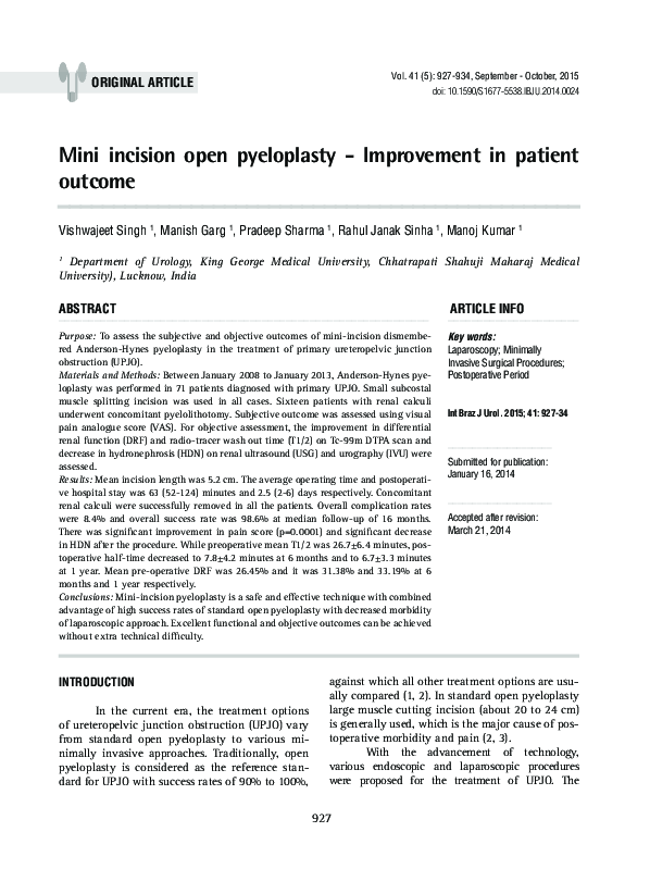 (PDF) Mini incision open pyeloplasty - Improvement in patient outcome ...