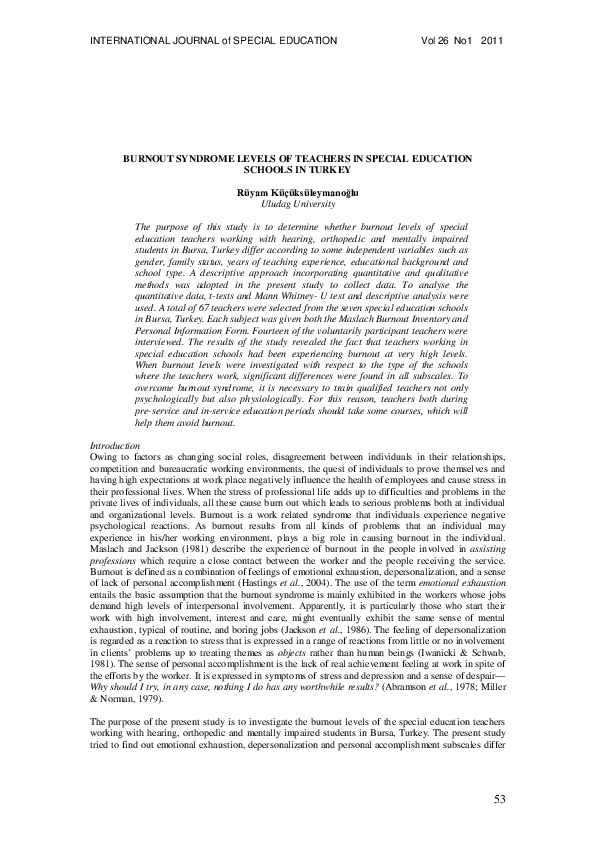 (PDF) Burnout Syndrome Levels of Teachers in Special Education Schools ...
