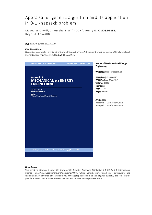 (PDF) Appraisal of genetic algorithm and its application in 0-1 ...