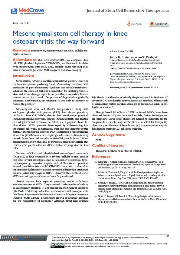 (PDF) Mesenchymal Stem Cell Therapy in Knee Osteoarthritis: The Way Forward