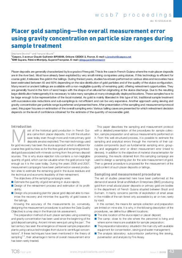 (PDF) Placer gold sampling—The overall measurement error using gravity ...