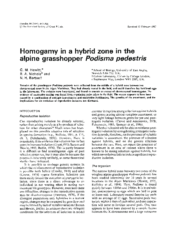 (PDF) Homogamy in a hybrid zone in the alpine grasshopper Podisma pedestris