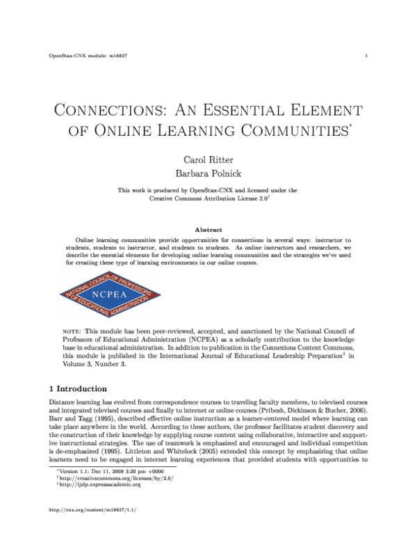 (PDF) Connections: An Essential Element of Online Learning Communities