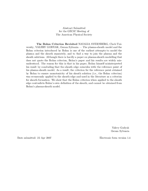 (PDF) The Bohm Criterion Revisited