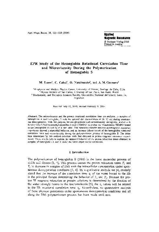 (PDF) EPR study of the hemoglobin rotational correlation time and ...