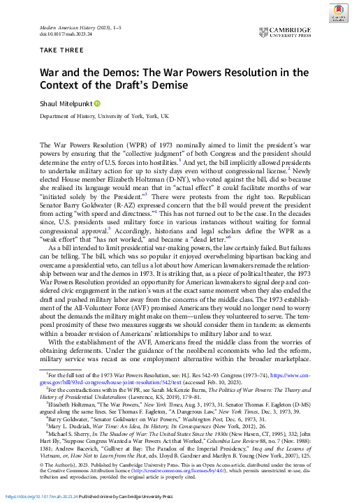 (PDF) War and the Demos: The War Powers Resolution in the Context of ...