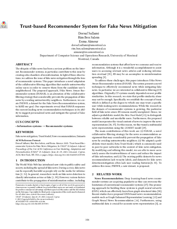(PDF) Trust-based Recommender System for Fake News Mitigation