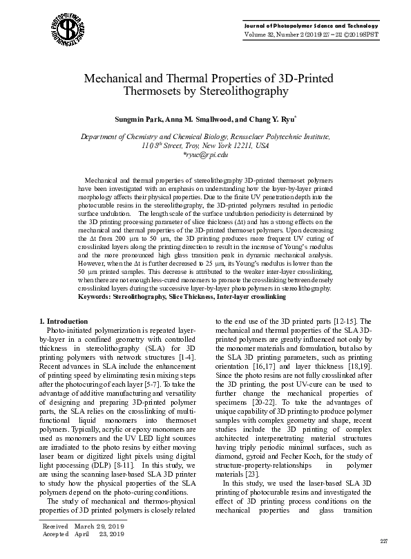 (PDF) Mechanical and Thermal Properties of 3D-Printed Thermosets by ...