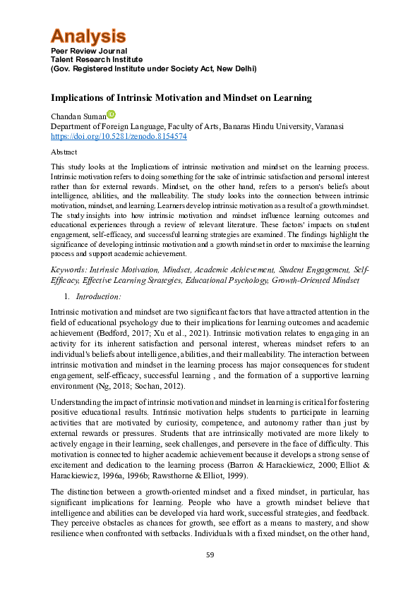 (PDF) Implications of Intrinsic Motivation and Mindset on Learning