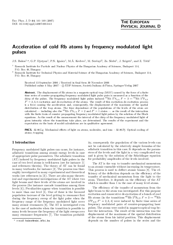 (PDF) Acceleration of cold Rb atoms by frequency modulated light pulses