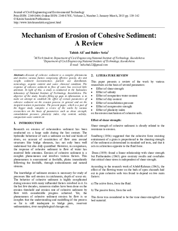 (PDF) Mechanism of Erosion of Cohesive Sediment: A Review