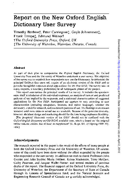 (PDF) Report on the New Oxford English Dictionary User Survey